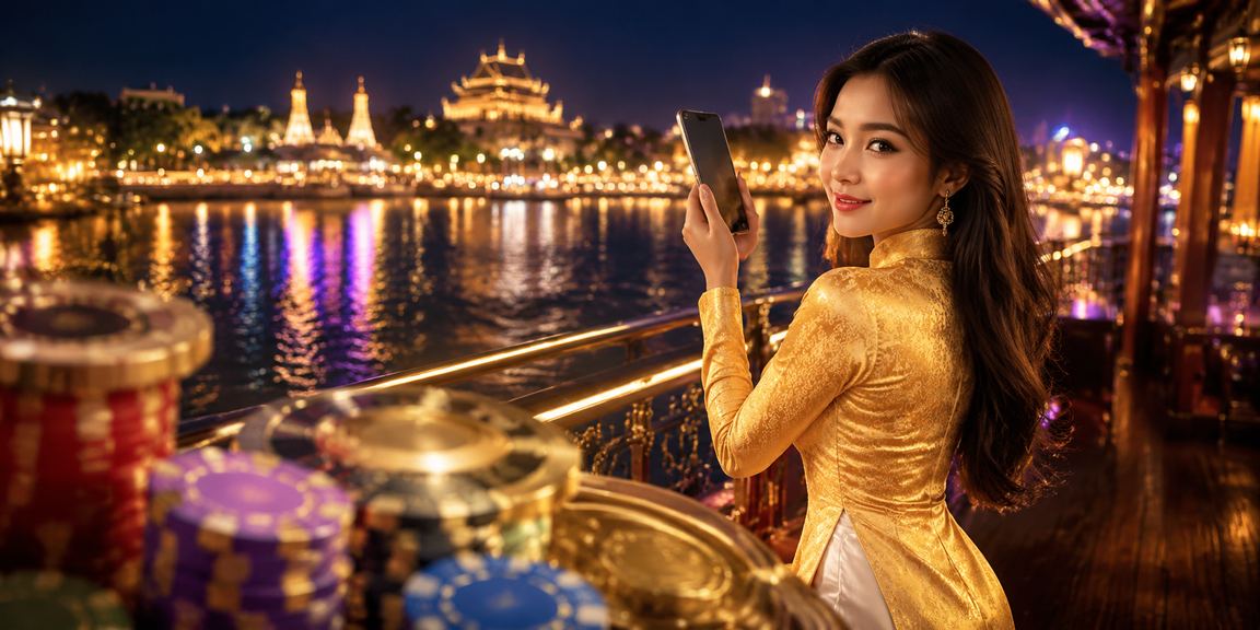 Cô gái mặc áo dài Huế sử dụng điện thoại chơi casino trực tuyến
